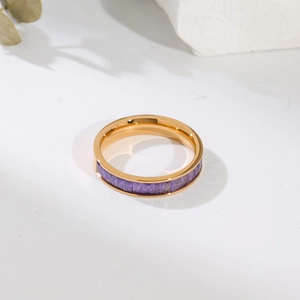Minimalist stainless steel gold ring featuring rectangular purple zircon stones