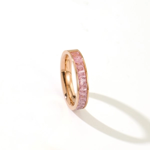 Detailed view of rose gold ring with rectangle pink zircons in channel setting