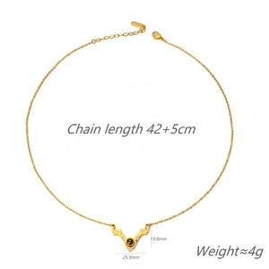 Gold titanium steel reindeer necklace with a micro-set square stone pendant on white background