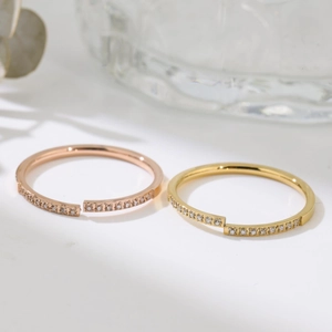 Titanium steel ring set with sparkling zircons in rose gold and gold finishes