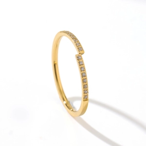 Minimalist gold-tone titanium steel ring with sparkling zircon stones in an open-wrap design