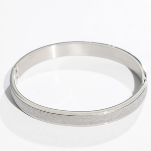 Close-up of matte silver titanium steel bangle featuring a sparkly glitter finish and hinge