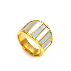 Brede gouden titanium ring met rechthoekige inlays van wit parelmoer voor dames