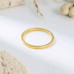Polished gold titanium steel minimalist ring displayed on a natural raw stone background