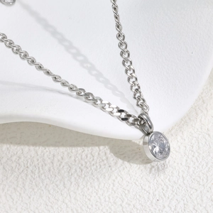 French vintage titanium steel oval solitaire diamond necklace on white wave stand
