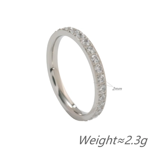 Minimalist silver stainless steel eternity ring with 2mm full pavé zircon stones
