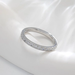 Minimalist stainless steel eternity ring with full circle of round-cut sparkling zircons
