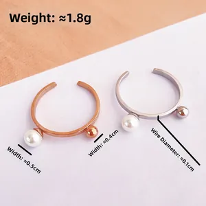 Minimalist C-shaped pearl and metal bead open rings in rose gold and silver finishes