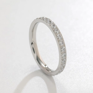 Minimalist silver stainless steel ring with micro-pave crystals and sparkling finish
