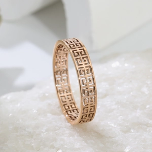 Vintage rose gold titanium steel ring with hollow Great Wall pattern on white crystal stones