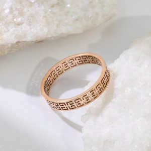 Rose gold stainless steel wide band ring with hollow geometric Greek key meander pattern