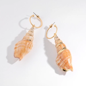 Seashell hoop earrings with natural orange textures and elegant golden wire accents