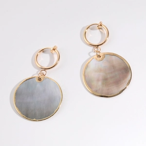 Close-up of gold hoop earrings featuring iridescent mother of pearl shell pendants
