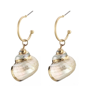 Golden hoop earrings with natural mother-of-pearl conch shell pendants for beach style