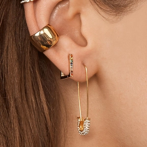 Fashion Alloy Rhinestone Safety Pin Earrings For Women Punk Paperclip Stud Earrings Gold Silver Rose Gold Pave Earrings