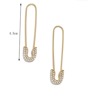 Golden safety pin drop earrings with paved rhinestones, 4.5cm length punk jewelry