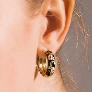 Vintage Chinese style hoop earrings with black enamel floral pattern on gold base