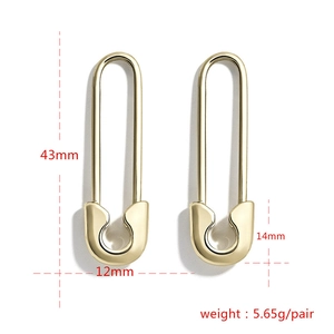 Gold plated safety pin earrings with pave cubic zirconia, size 43mm by 12mm