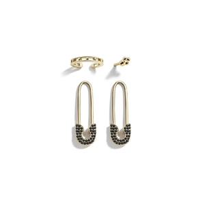 Detailed set of gold plated safety pin earrings with micro-paved black zircon stones