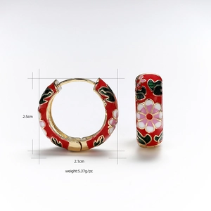 Detail view of colorful enamel hoop earrings with floral pattern and size dimensions