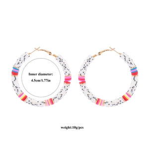 Detail view of 4.5cm colorful boho heishi bead hoop earrings with dimensions shown