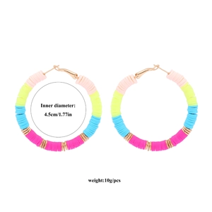 Macro shot showing 4.5cm inner diameter of colorful Heishi clay bead hoop earrings