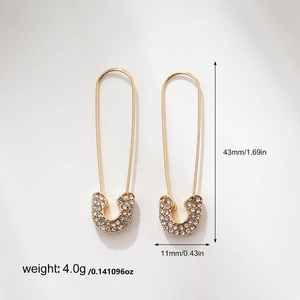 Detailed dimensions of gold safety pin earrings with micro-pave cubic zirconia stones