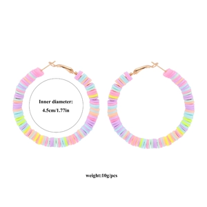 Detail showing 4.5cm inner diameter measurement of colorful clay bead hoop earrings