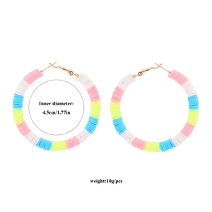 Detail view of 4.5cm colorful Heishi bead hoop earrings with 10g weight specifications