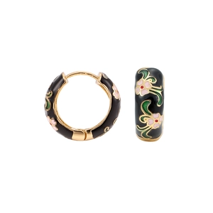 Detailed view of floral enamel hoop earrings featuring pink cherry blossoms on black finish