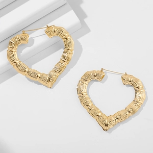 Golden 14K heart-shaped hoop earrings set with retro bamboo textured finish for women