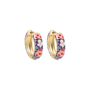 Close-up of golden hoop earrings featuring colorful floral enamel patterns and hinge closure