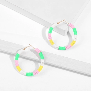 Colorful Bohemian C-shaped Heishi clay bead hoop earrings with gold metal hardware