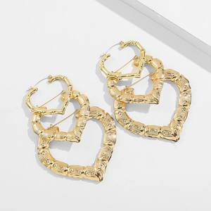 Women Fashion Oversized Heart Bamboo Pattern Hoop Earrings Zinc Alloy Gold Plated Statement Heart Shaped Party Jewelry