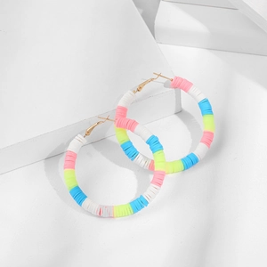 Colorful Bohemian rainbow Heishi clay bead C-hoop earrings with gold-plated metal base