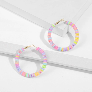 Bohemian C-shaped hoop earrings with colorful macaron Heishi clay beads and gold metal accents