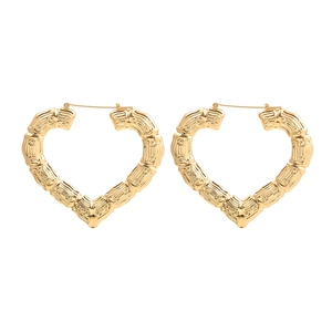 Exaggerated 14K gold-plated heart-shaped hoop earrings with retro bamboo texture design
