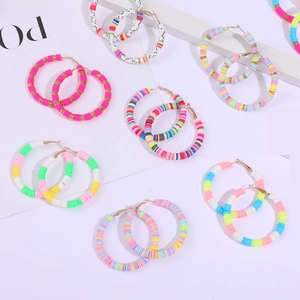 Bohemian Colorful Polymer Clay Heishi Beads C-Shaped Hoop Earrings For Women Summer Beach Handmade Alloy Jewelry Ear Studs