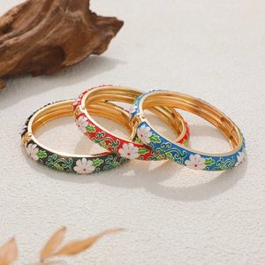14K gold plated enamel flower bangles in black red and blue with spring closure