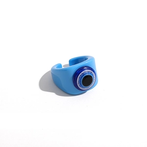 Light blue resin evil eye adjustable open ring with sparkling glitter accents