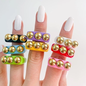 Retro Candy Color Resin Ring For Women Chunky Pop Art Design Gold Metal Beads Inlaid Band Ring Fashion Y2K Hand Jewelry Gift