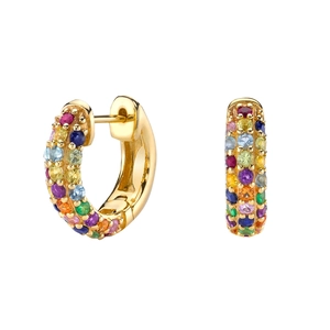 Goldene Creolen mit bunten Zirkonia-Steinen im Regenbogen-Stil, polierte Oberfläche