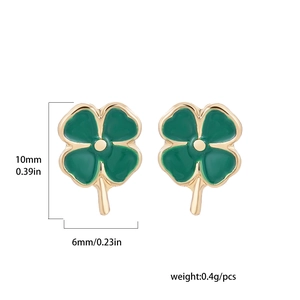 Detailed view of green enamel four-leaf clover stud earrings with precise dimensions