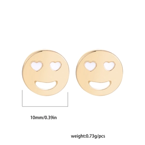Detail view of 10mm golden smiley face earrings with heart eyes showing product dimensions