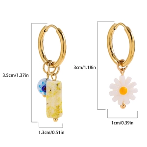 Asymmetric gold hoop earrings with daisy and blue marble bead charms, 3.5cm length