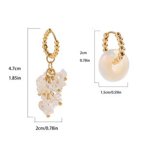 Y2K asymmetric earrings with golden beads and translucent white opal-like stones