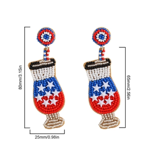 Detail view of red white blue beaded star earrings showing dimensions 80mm in length