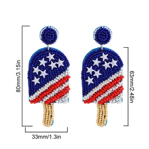 Detailed view of handmade beaded popsicle earrings with American flag pattern and dimensions