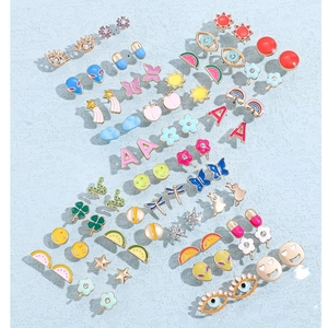 Set of 36 pairs of colorful Y2K enamel stud earrings with butterfly and smiley patterns