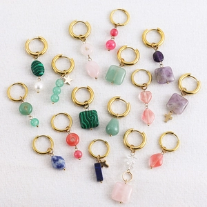 Bohemian gold hoop earrings set with assorted natural gemstones and colorful pendants